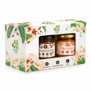 ALL IN karamell díszdoboz elölről: Pure Caramel és csokoládés karamellkrém, 2 × 180 g